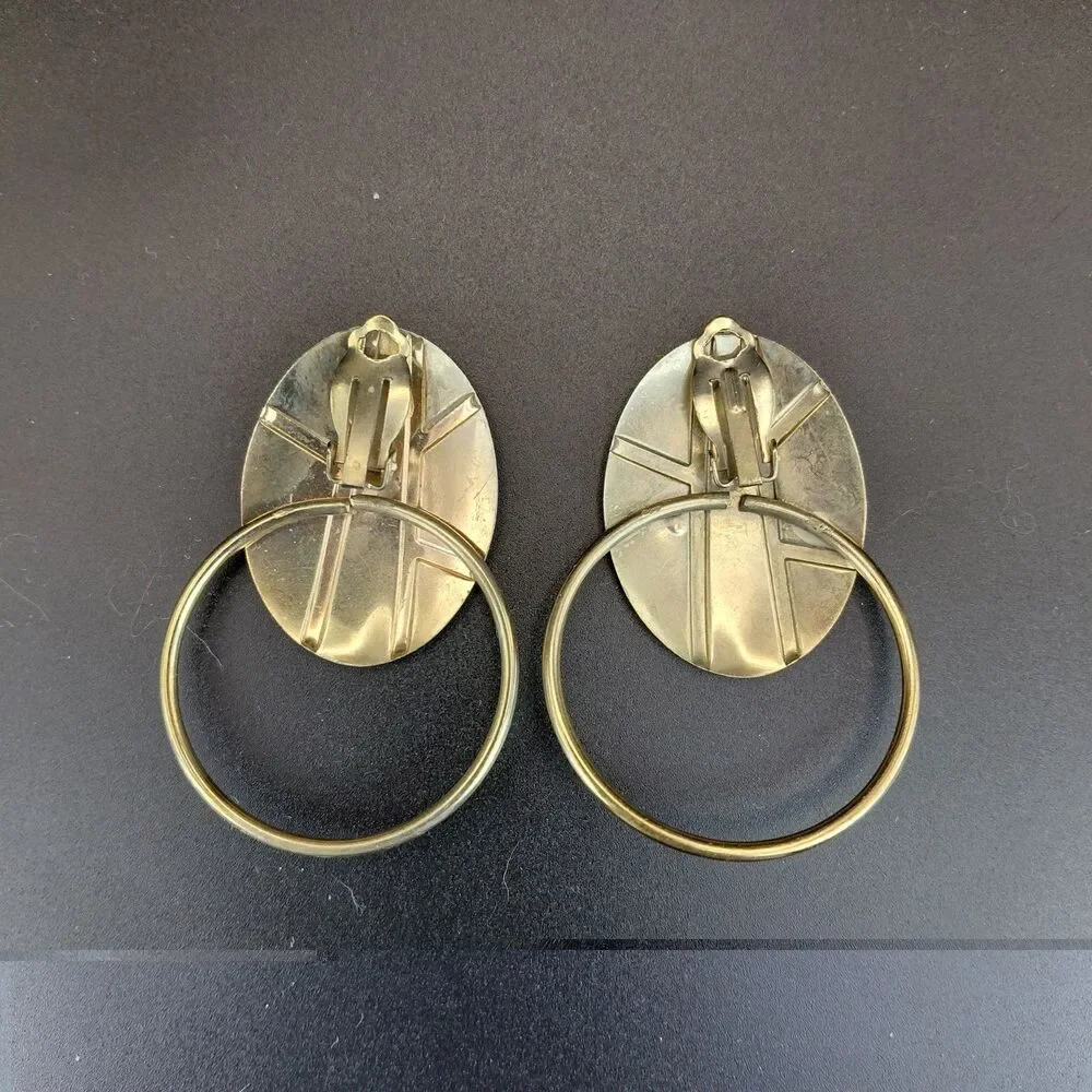 Door Knocker Enamel Earrings Clip On Vtg 80's Memphis Style Geometric Bold